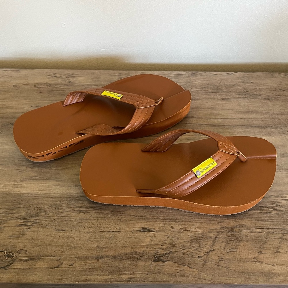 The Healing Sole Flip Flops Sandals Unisex, Brown Leather, Men's 11/Women's 12.5